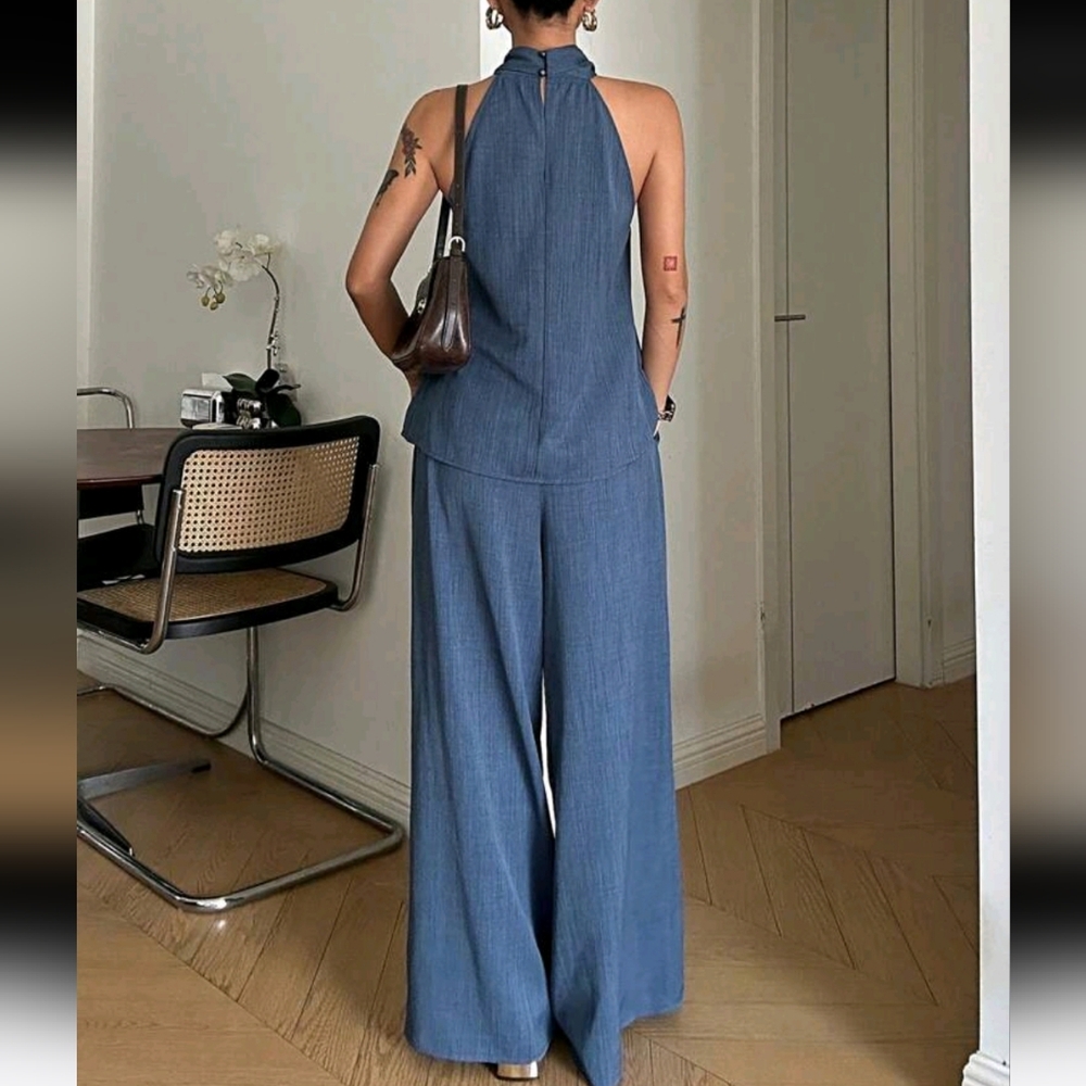 2pcs/Set Vintage Coin Decor Halter Neck Top And Wide Leg Pants Set - Picture 8 of 8